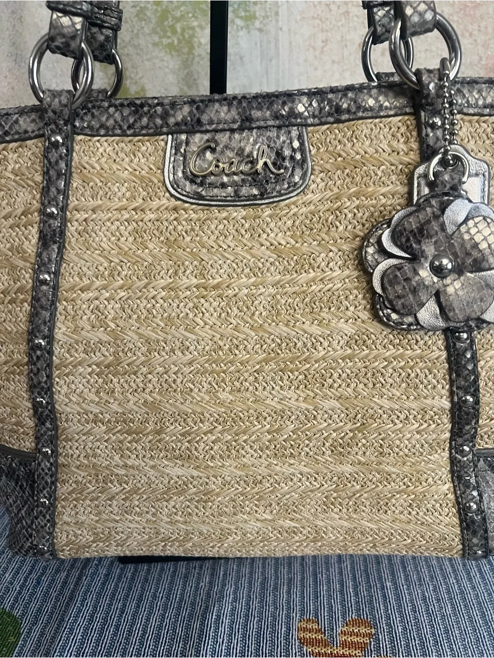 Coach 2013 Alexandra Straw Tote with Exotic Python Leather Trim